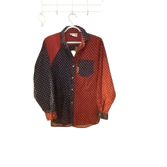 Vintage Banjo Dallas Texas Western Shirt Red Blue Polka Dot Patchwork Medium USA - Picture 3 of 7